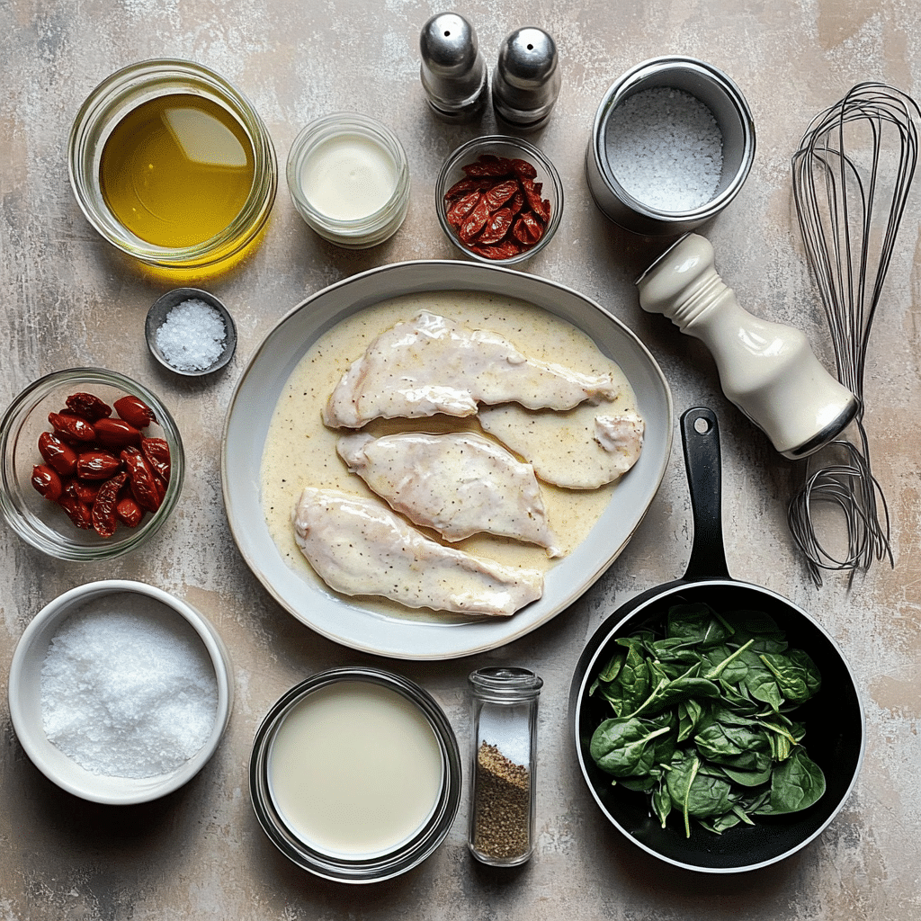 Ingredients for creamy Tuscan garlic chicken including chicken cutlets, cream, broth, parmesan, spinach, and sun dried tomatoes