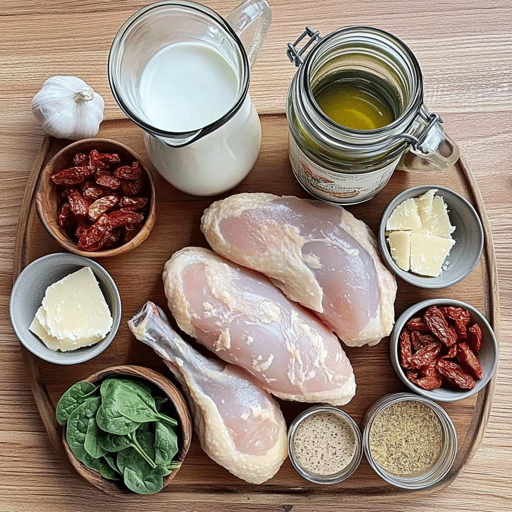 Overhead view of chicken, cream, Parmesan, sun-dried tomatoes, spinach, and seasonings arranged on a wooden surface. 