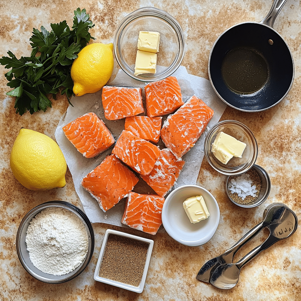 Salmon and seasonings with flour and cornstarch laid out for frying