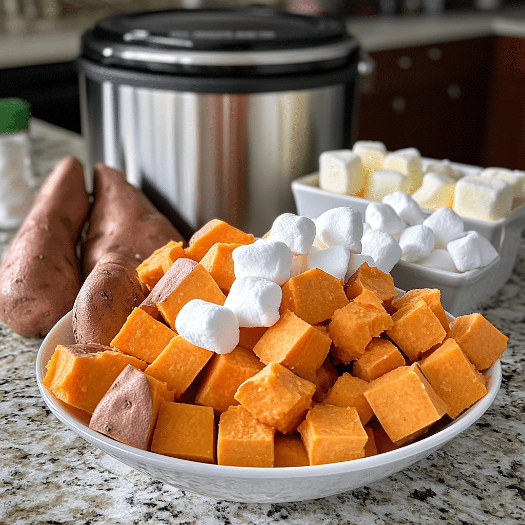 Cubed sweet potatoes with brown sugar, maple syrup, butter, spice blend, salt, and miniature marshmallows.