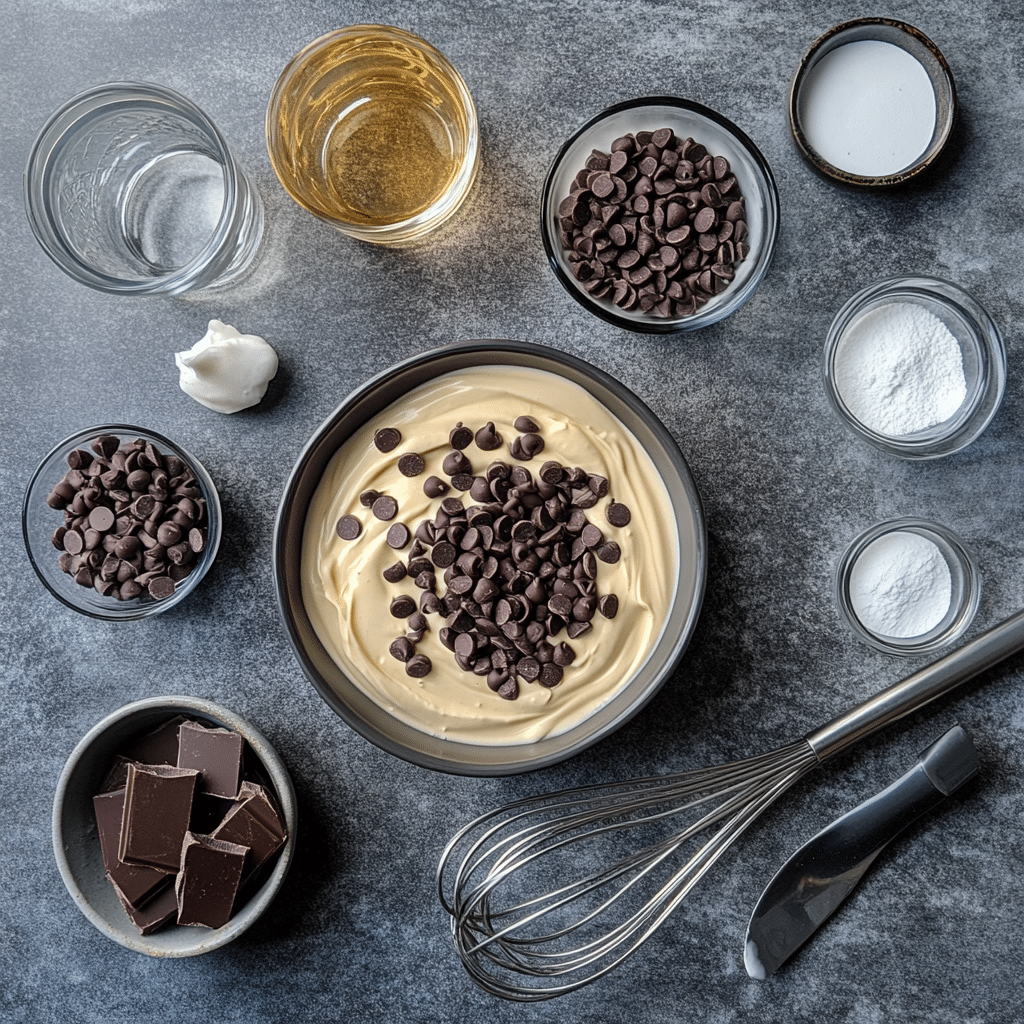 Ingredients for chocolate mousse including chocolate chips, heavy cream, powdered sugar, vanilla, and salt on a counter