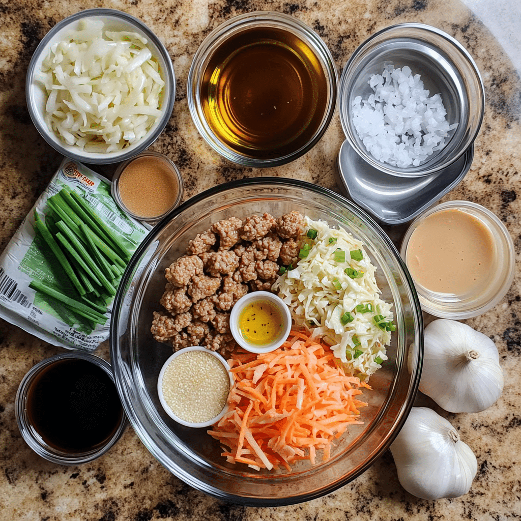 Four-panel collage showing aromatics cooking, meat browning, coleslaw wilting, and sauce added with green onions on top