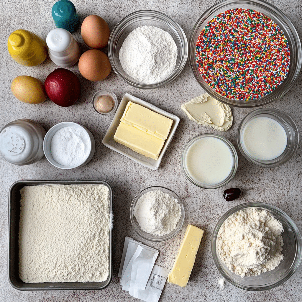 Ingredients for sugar cookie bars including flour, butter, sugar, eggs, vanilla, powdered sugar, and sprinkles