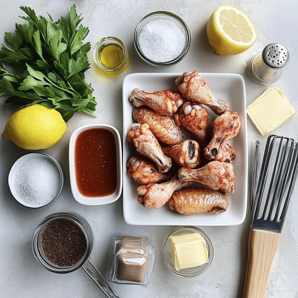 Ingredients for grilled chicken wings including spices, barbecue sauce, and hot sauce.