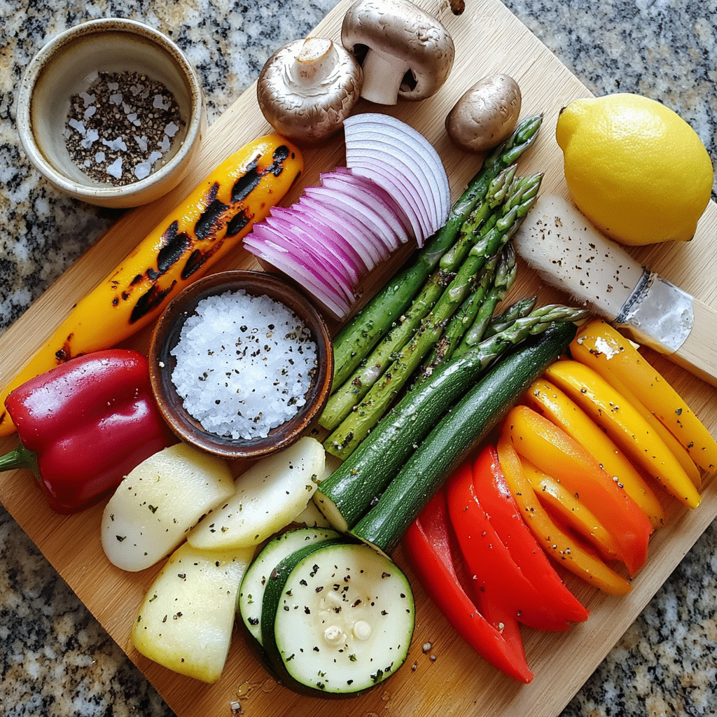 Raw vegetables and marinade ingredients on a cutting board for grilling