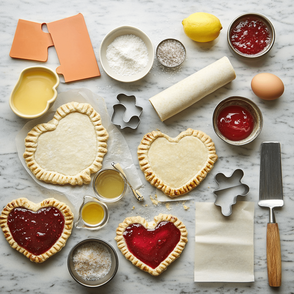 Ingredients for heart shaped hand pies including pie crusts, strawberry jam, cornstarch, egg wash, and a heart cookie cutter