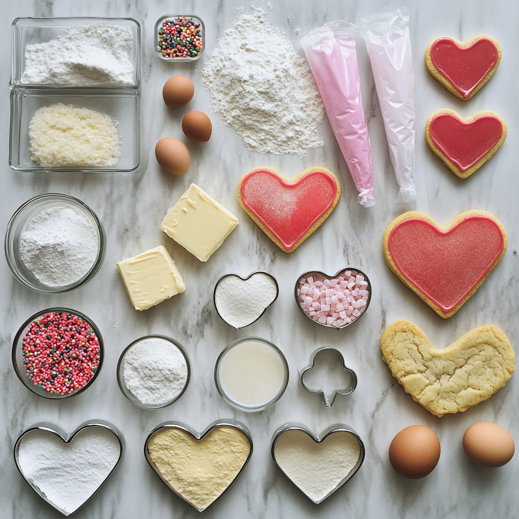 Ingredients for Valentine heart sugar cookies including flour, butter, sugar, egg, vanilla, and sprinkles