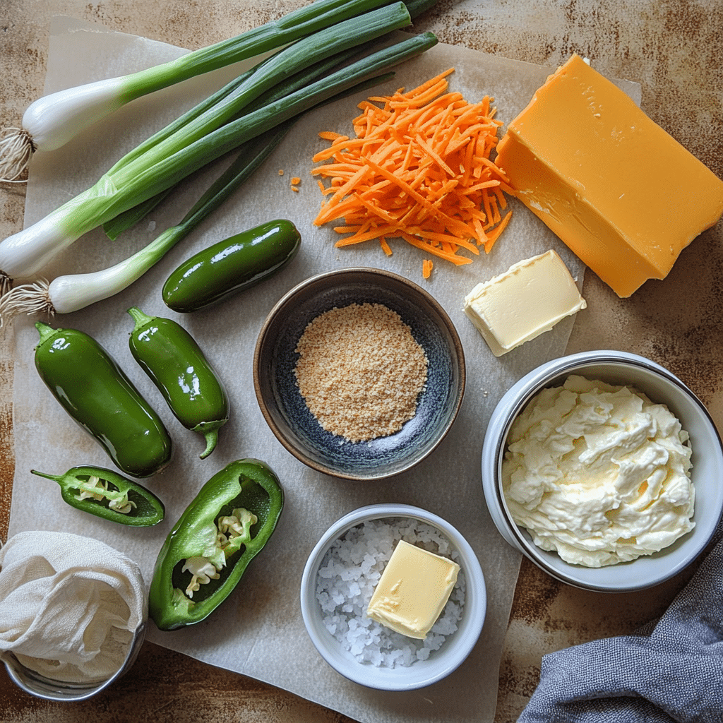 Flat lay of jalapeÃ±os, cream cheese, shredded cheese, green onions, seasonings, panko, and butter