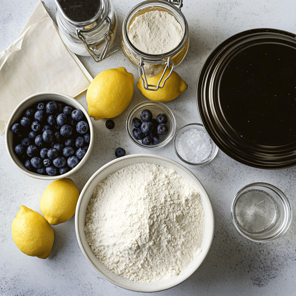 Ingredients for lemon blueberry sourdough bread including flour, starter, water, salt, blueberries, and lemons