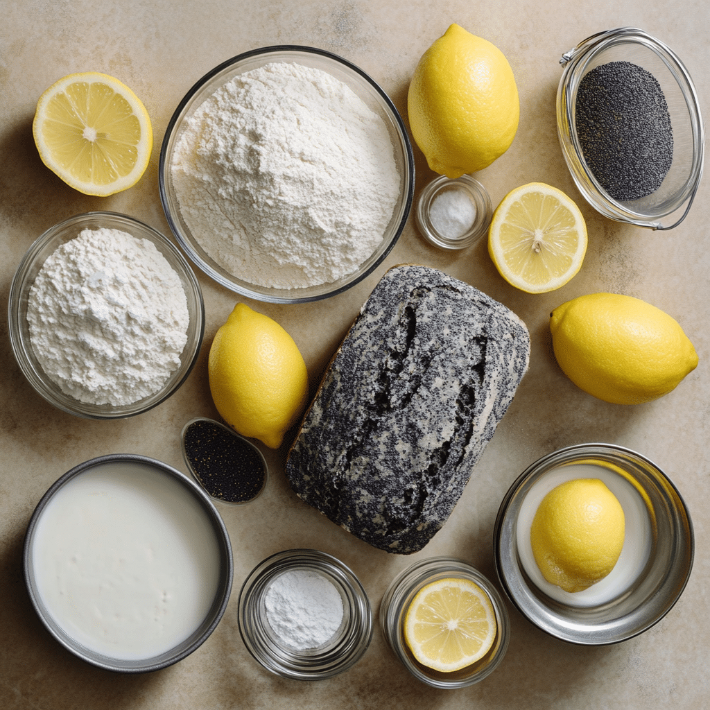Four-panel collage showing whisking dry ingredients, whisking wet ingredients, batter in loaf pan, and glazed loaf