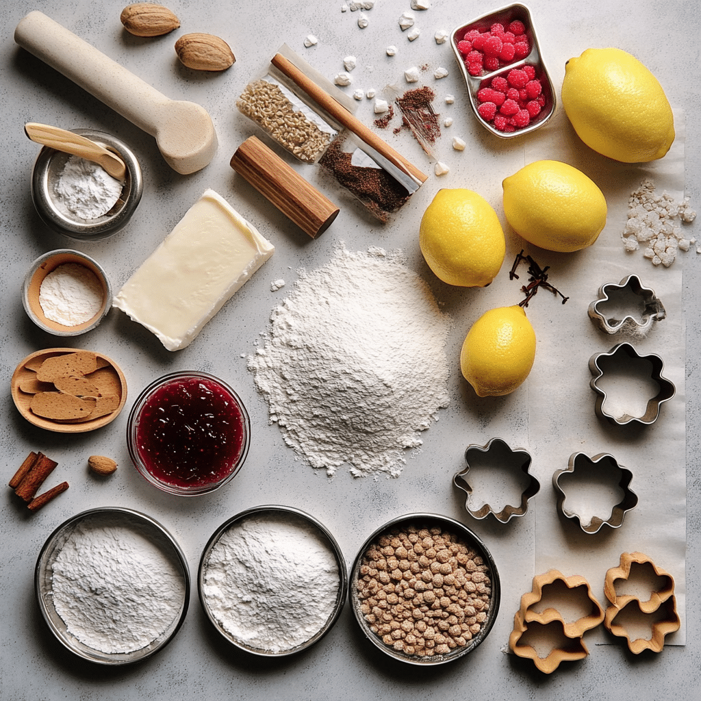 Flat lay of ingredients for linzer cookies including flour, almond flour, butter, sugar, spices, and raspberry jam