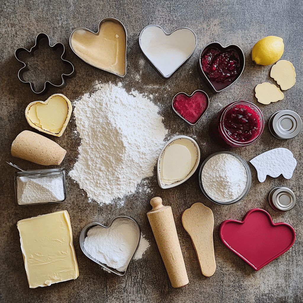 Linzer cookie ingredients including flour, almond flour, butter, sugar, egg, jam, and powdered sugar