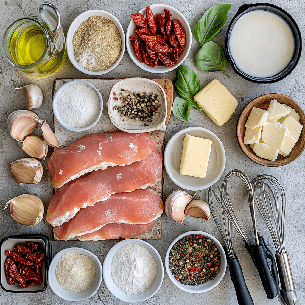 Ingredients for marry me chicken including chicken cutlets, flour, cream, chicken stock, parmesan, sun dried tomatoes, and herbs