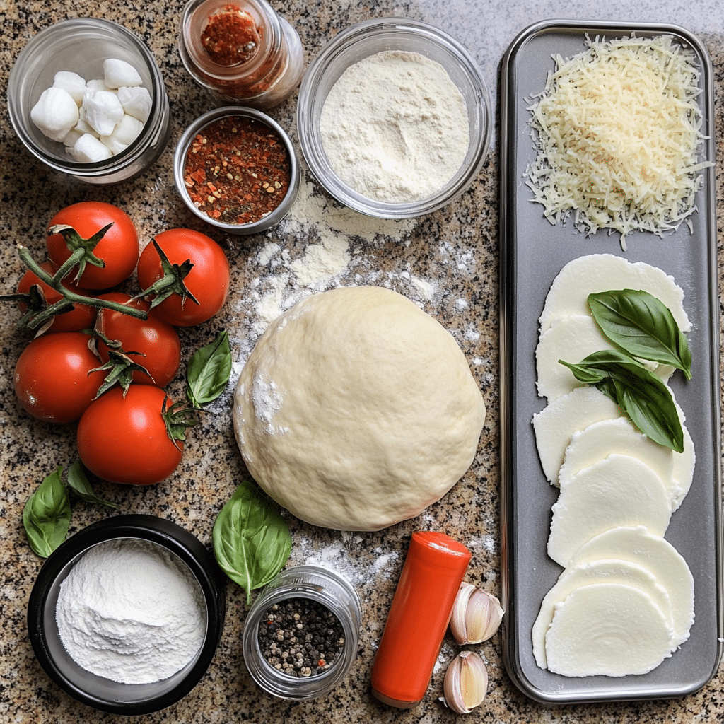 Ingredients for mozzarella pizza including dough, tomato sauce, mozzarella, basil, and olive oil