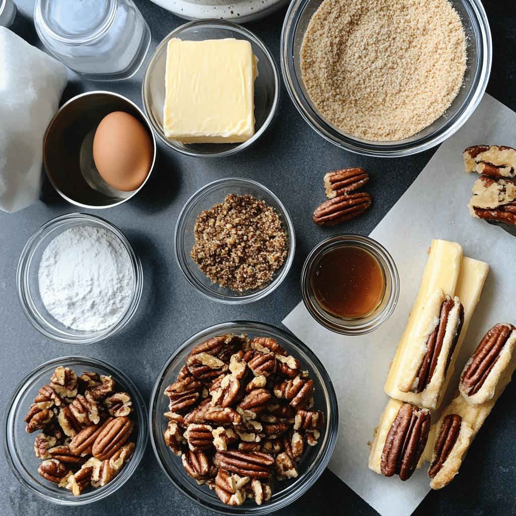 Bowls of flour, sugars, butter, egg, vanilla, corn syrup, and chopped pecans for pecan pie cookies.