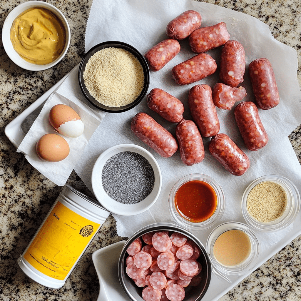 Flat lay of crescent dough, cocktail sausages, egg wash, and seasonings for pigs in a blanket