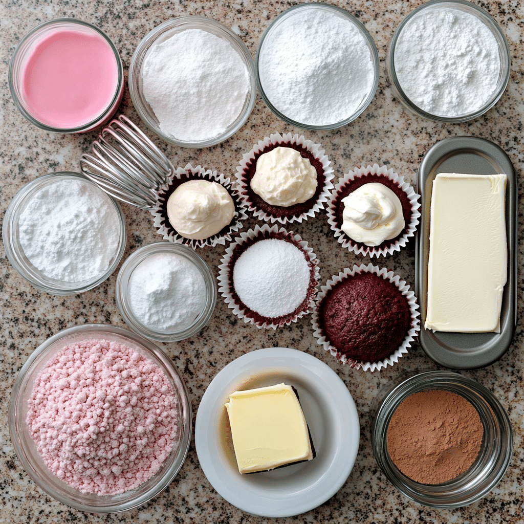 Ingredients for pink velvet cupcakes including flour, buttermilk, cocoa powder, pink food coloring, and cream cheese