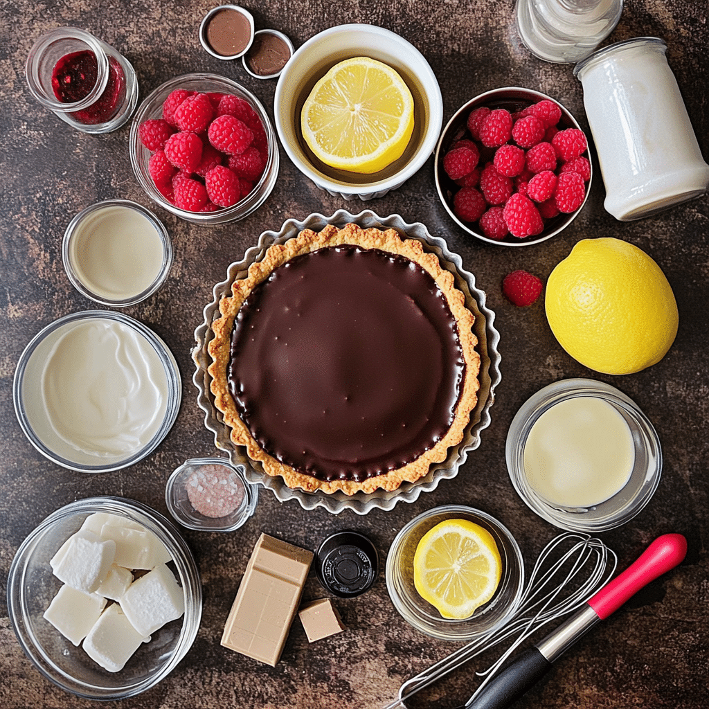 Ingredients for raspberry chocolate tart including chocolate cookies, butter, chocolate chips, heavy cream, raspberry jam, and fresh raspberries