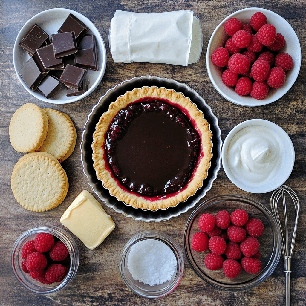 Ingredients for raspberry chocolate tart including chocolate cookies, butter, chocolate chips, cream, and raspberries