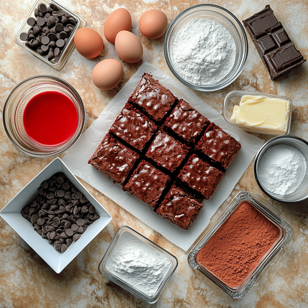 Ingredients for red velvet brownies including butter, sugar, eggs, cocoa, flour, red gel coloring, vinegar, and chocolate chips