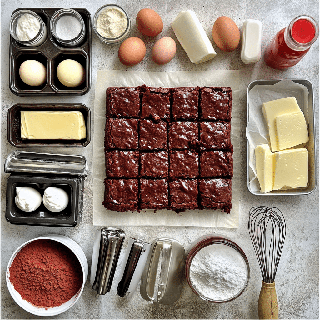Red velvet brownie ingredients including butter, sugar, eggs, cocoa, flour, red food coloring, and cream cheese