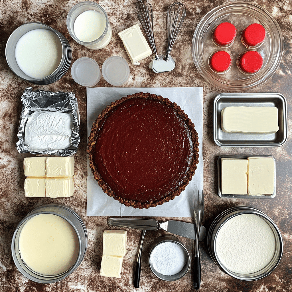 Ingredients for red velvet cheesecake including cream cheese, sugar, cocoa powder, eggs, sour cream, buttermilk, and cookie crust crumbs