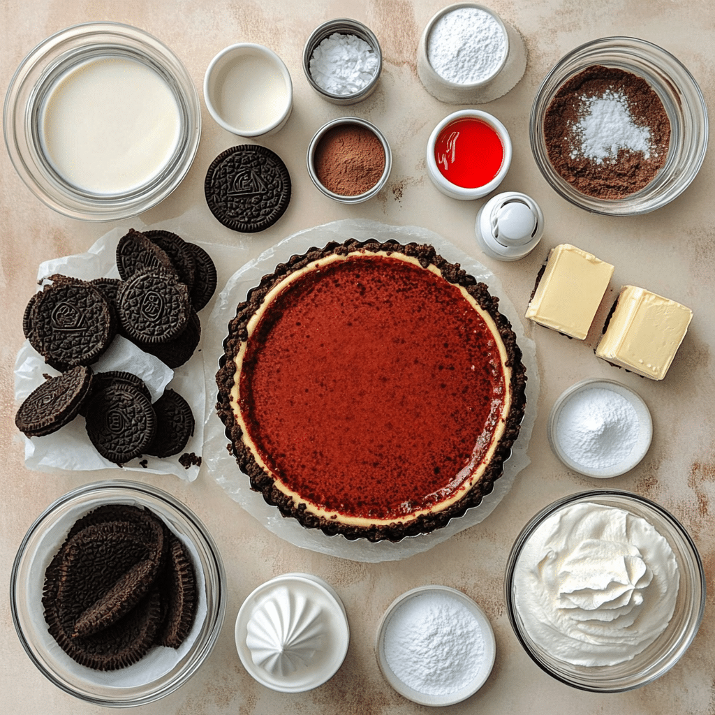 Ingredients for red velvet cheesecake including Oreos, cream cheese, cocoa, buttermilk, eggs, and red coloring