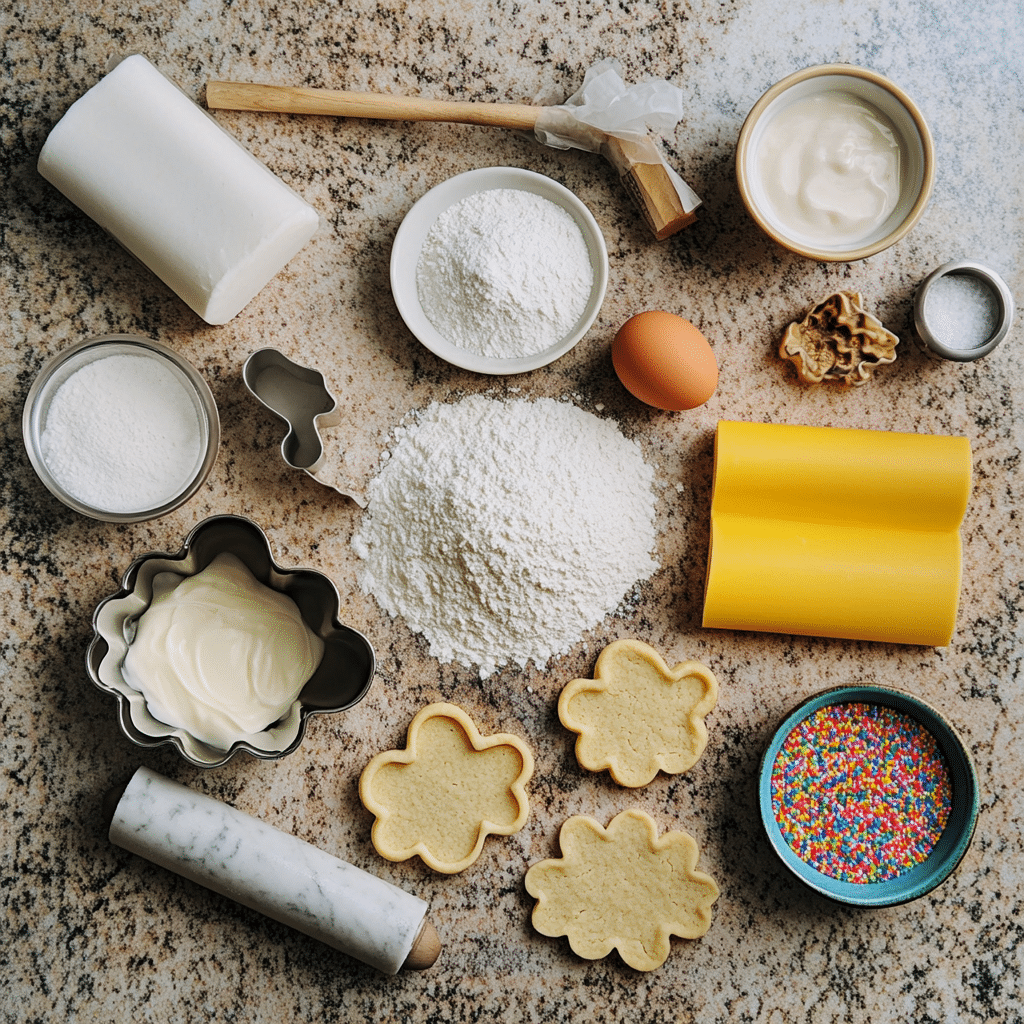 Flat lay of flour, butter, sugar, egg, vanilla, sour cream, cookie cutters, and sprinkles for soft cut-out sugar cookies