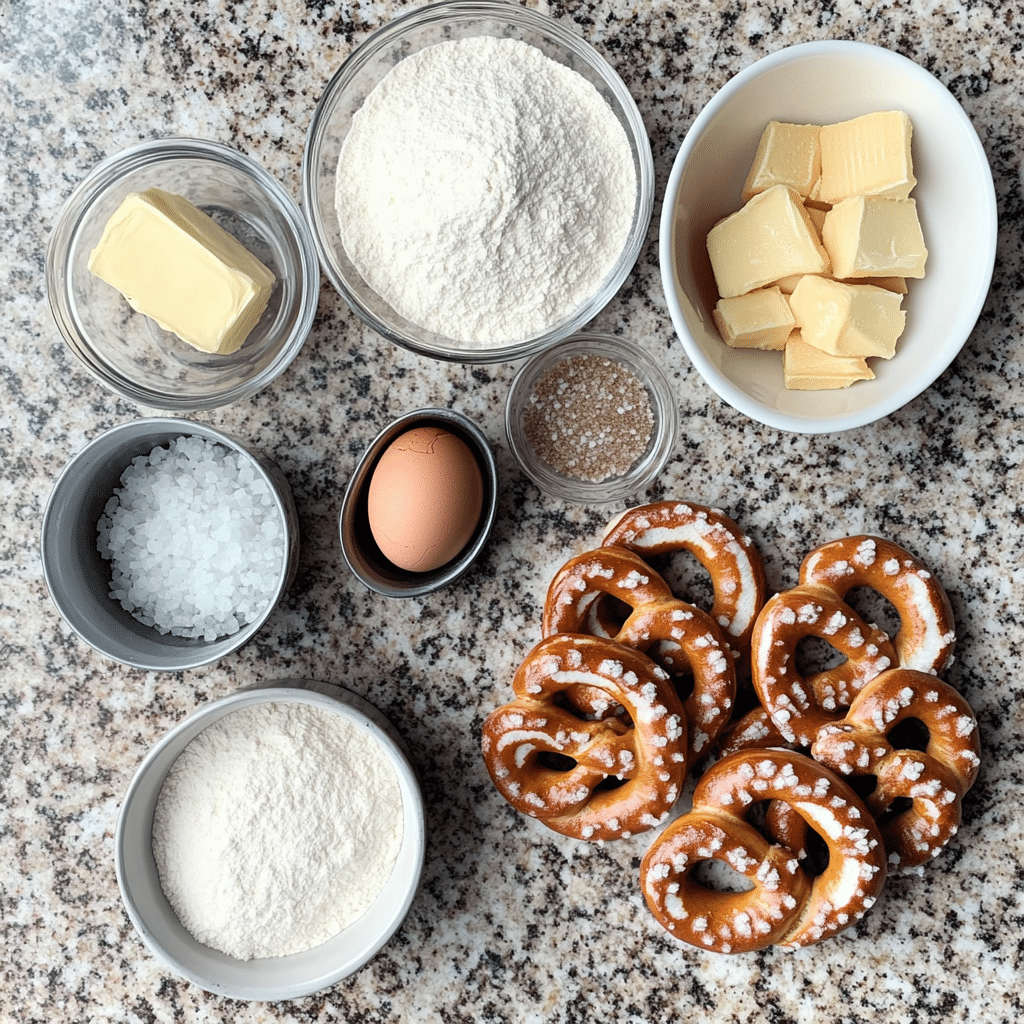 Flat lay of flour, yeast, warm water, butter, baking soda, egg, and salt for soft pretzel bites