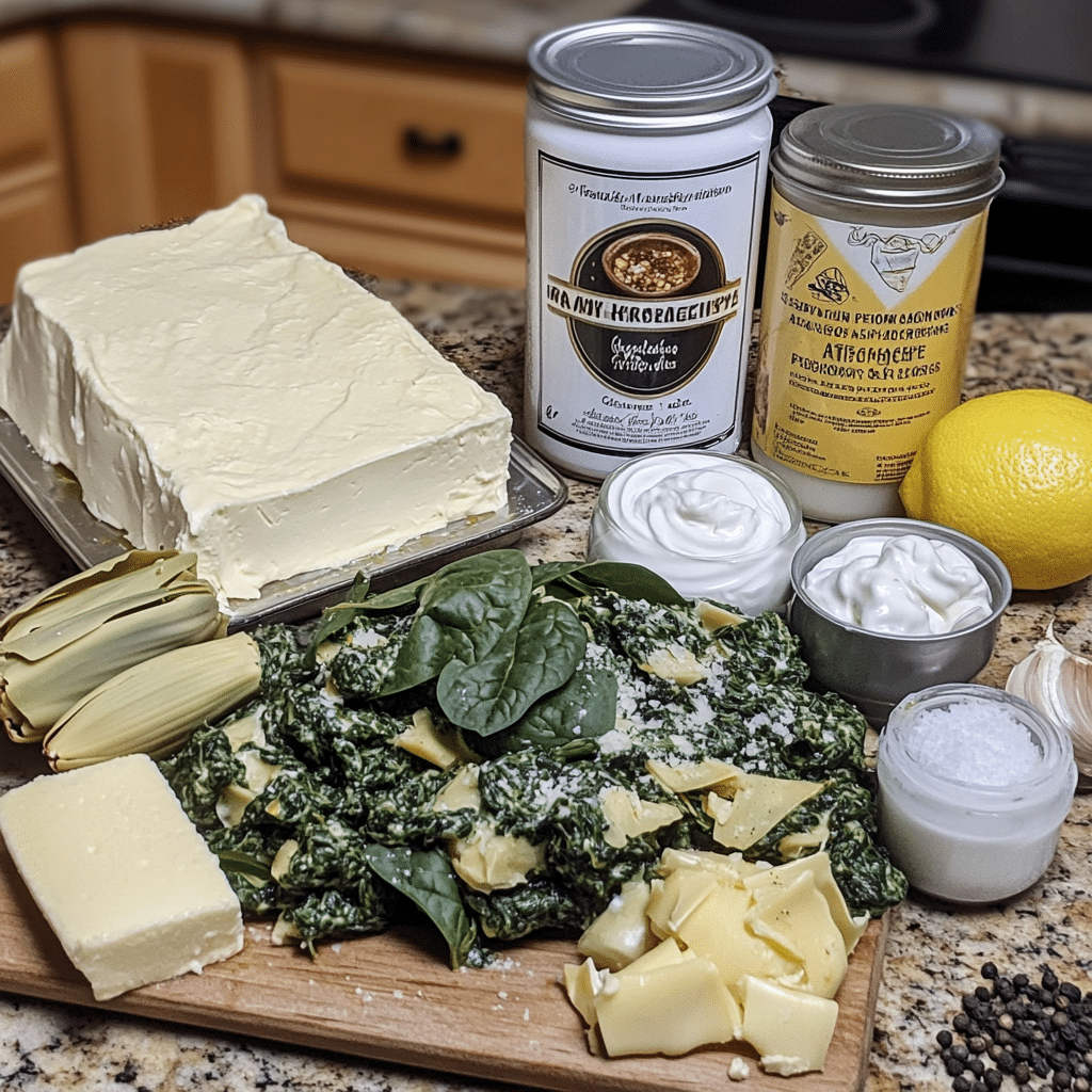 Flat lay of spinach, artichoke hearts, cream cheese, sour cream, mayo, mozzarella, parmesan, and seasonings
