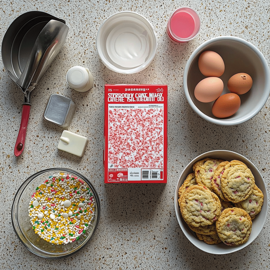 Strawberry cake mix cookie ingredients including strawberry cake mix, eggs, oil, and optional sprinkles