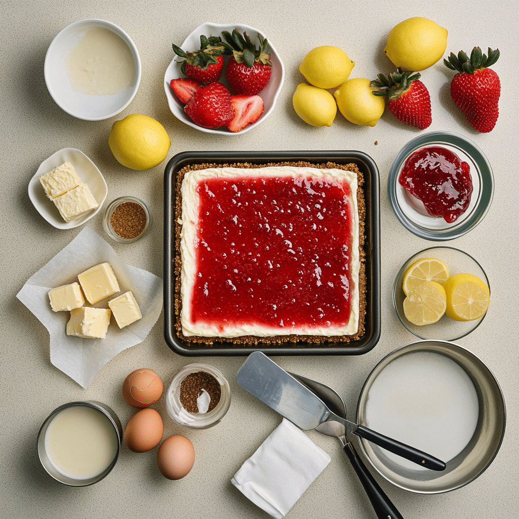 Ingredients for strawberry cheesecake bars including graham crackers, butter, cream cheese, eggs, sour cream, vanilla, and strawberry jam