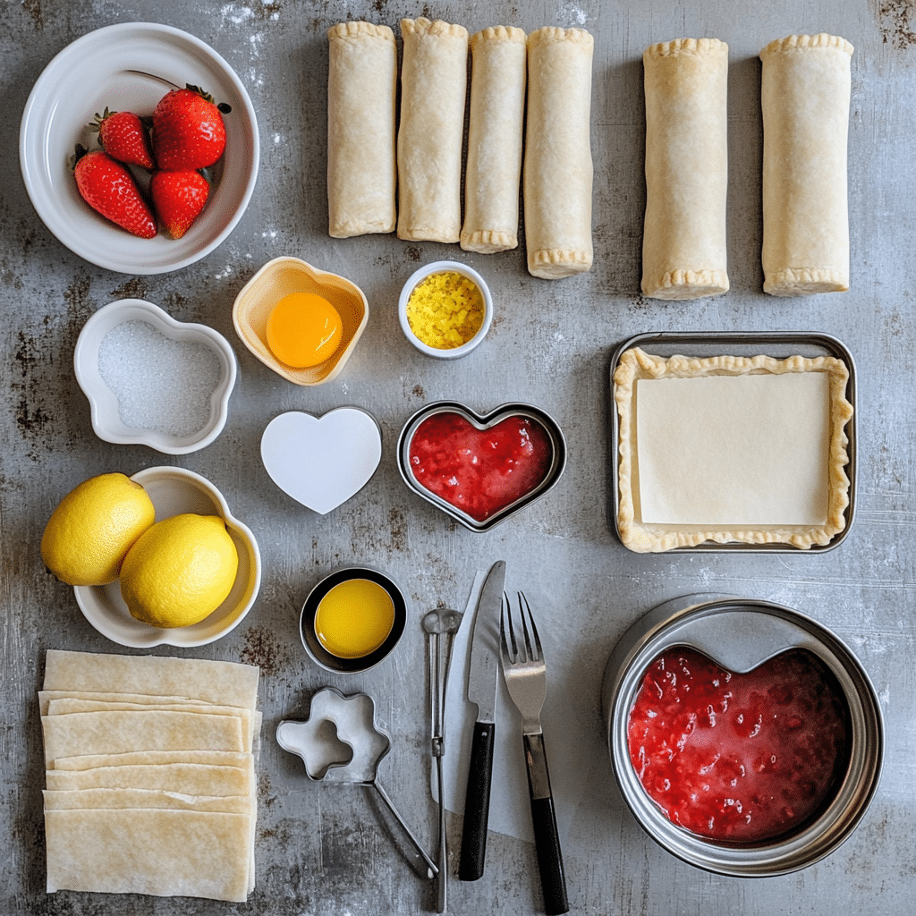 Store-bought pie crust, strawberry pie filling, egg wash, sugar, and a heart cookie cutter for hand pies