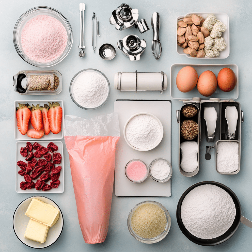 Ingredients and tools for strawberry macarons including almond flour, powdered sugar, egg whites, sugar, and freeze-dried strawberries
