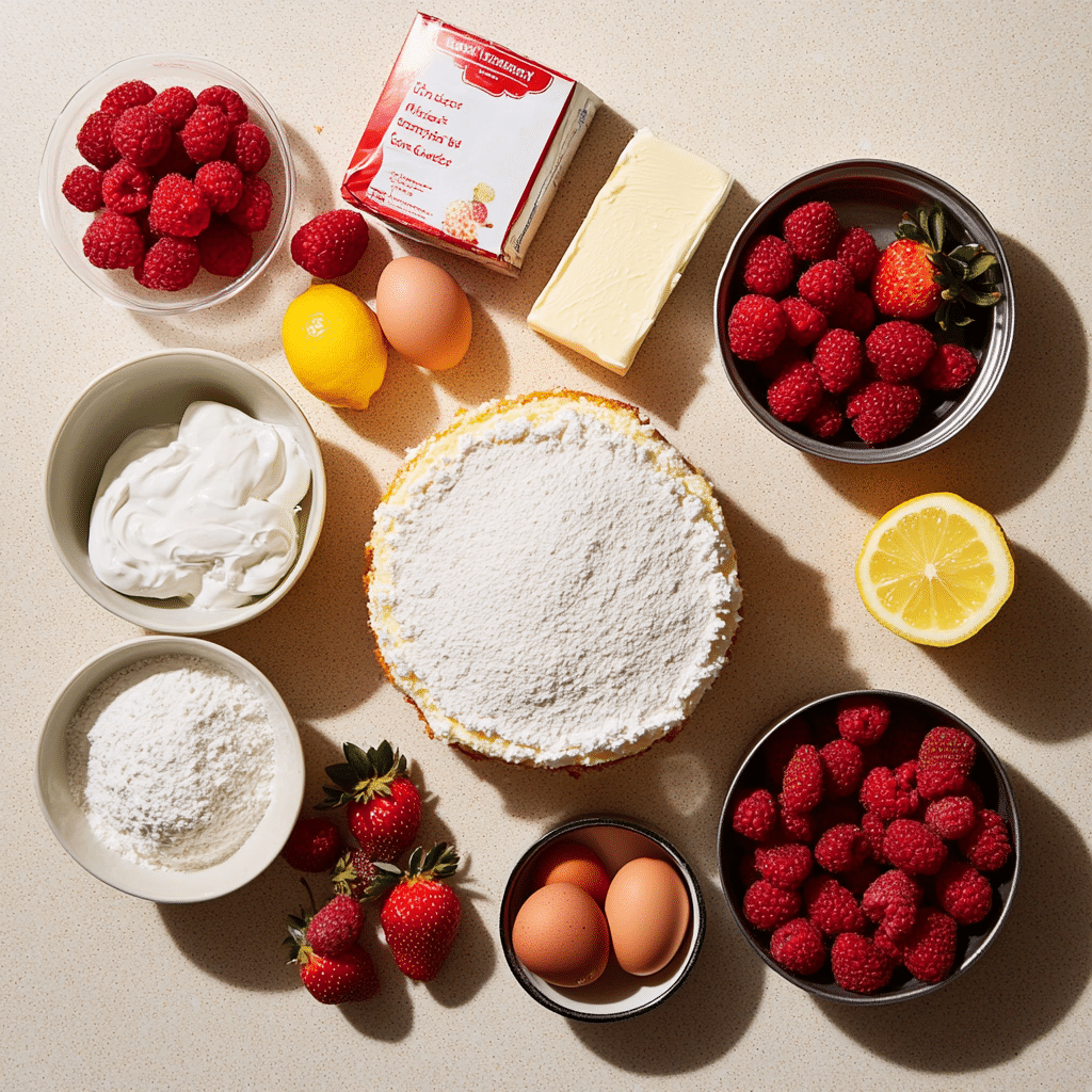 Ingredients for strawberry shortcake layer cake including flour, butter, eggs, cream, cream cheese, and strawberries.
