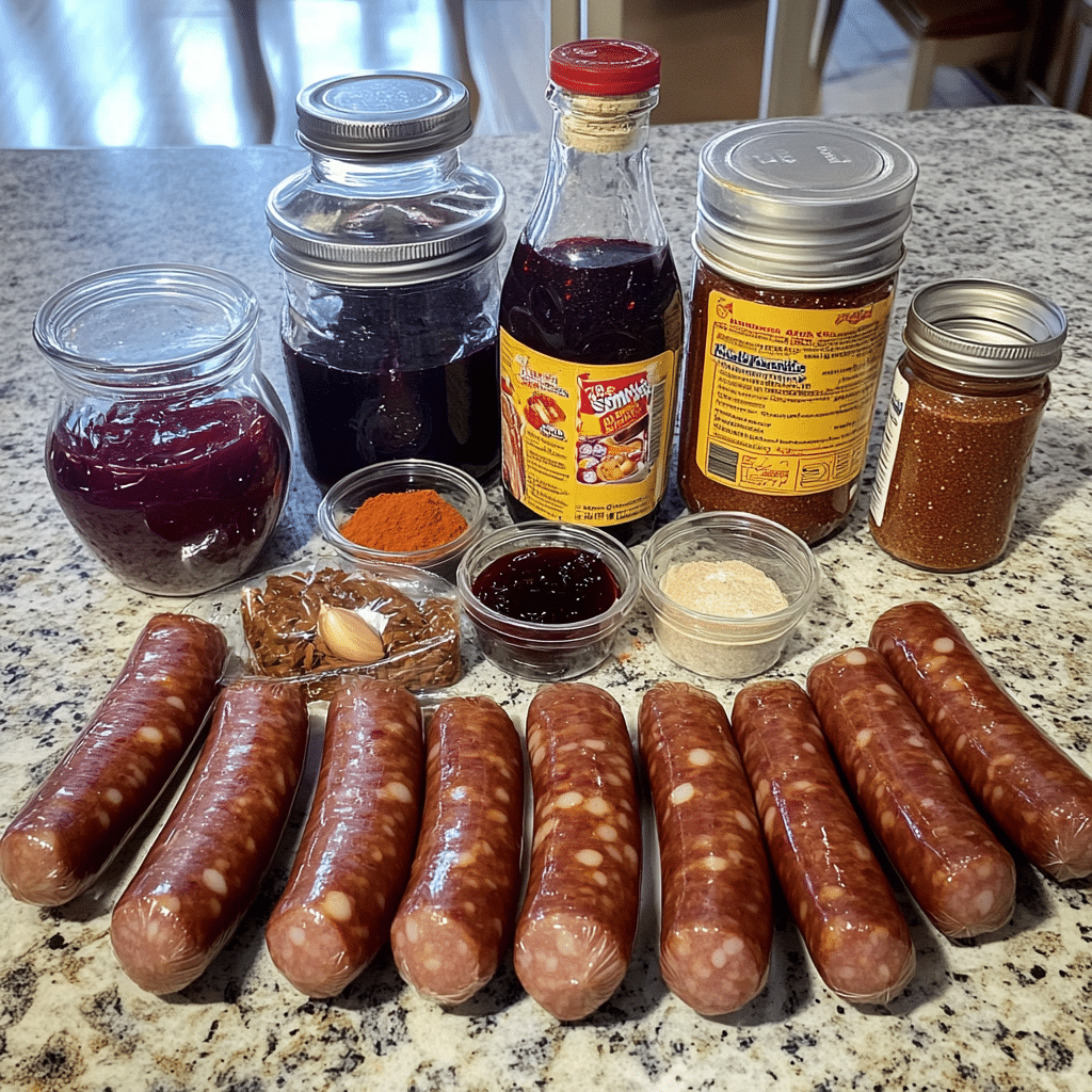 Flat lay of cocktail sausages, bbq sauce, grape jelly, vinegar, and seasonings for little smokies