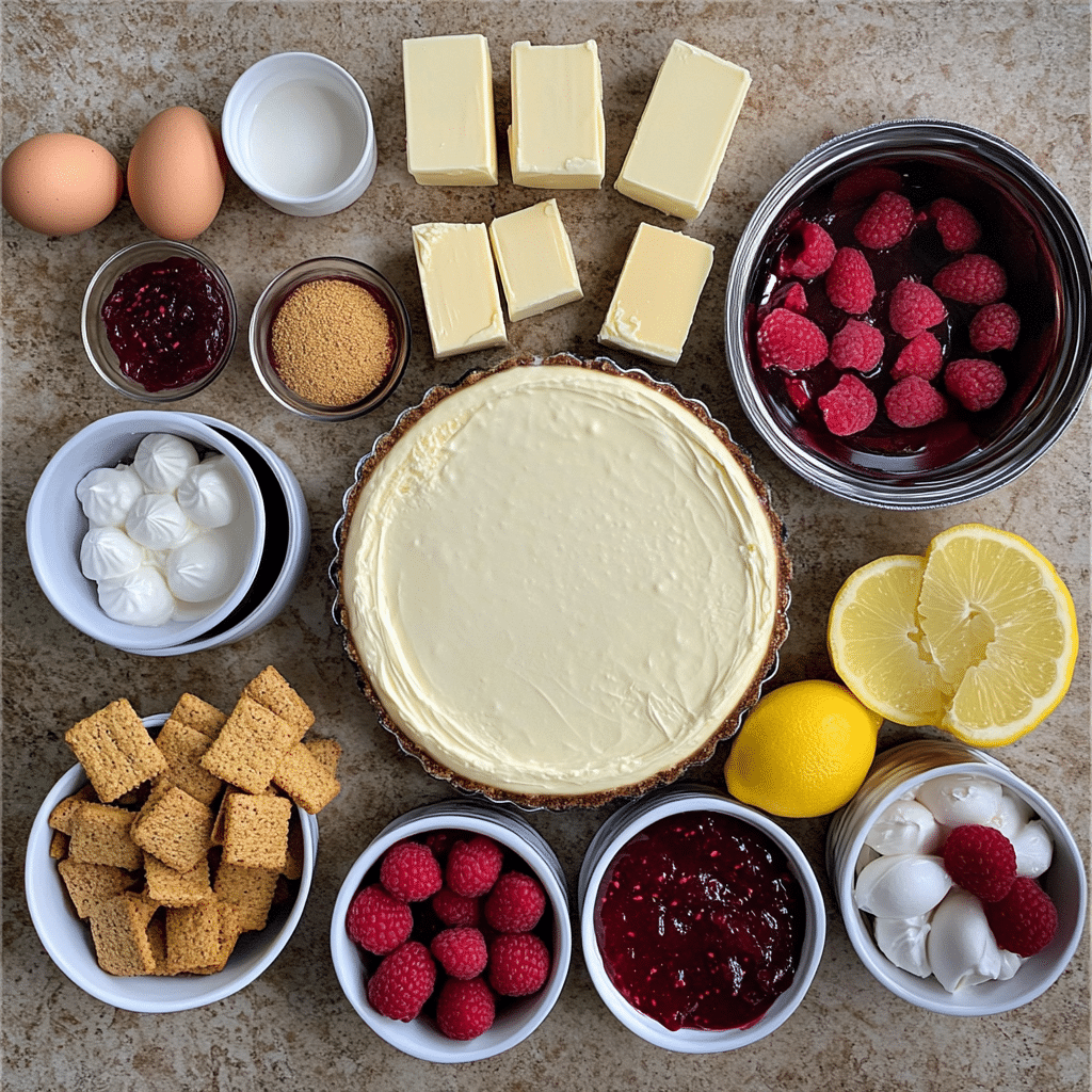 Ingredients for white chocolate raspberry cheesecake including cream cheese, white chocolate chips, eggs, sour cream, graham crackers, and raspberries