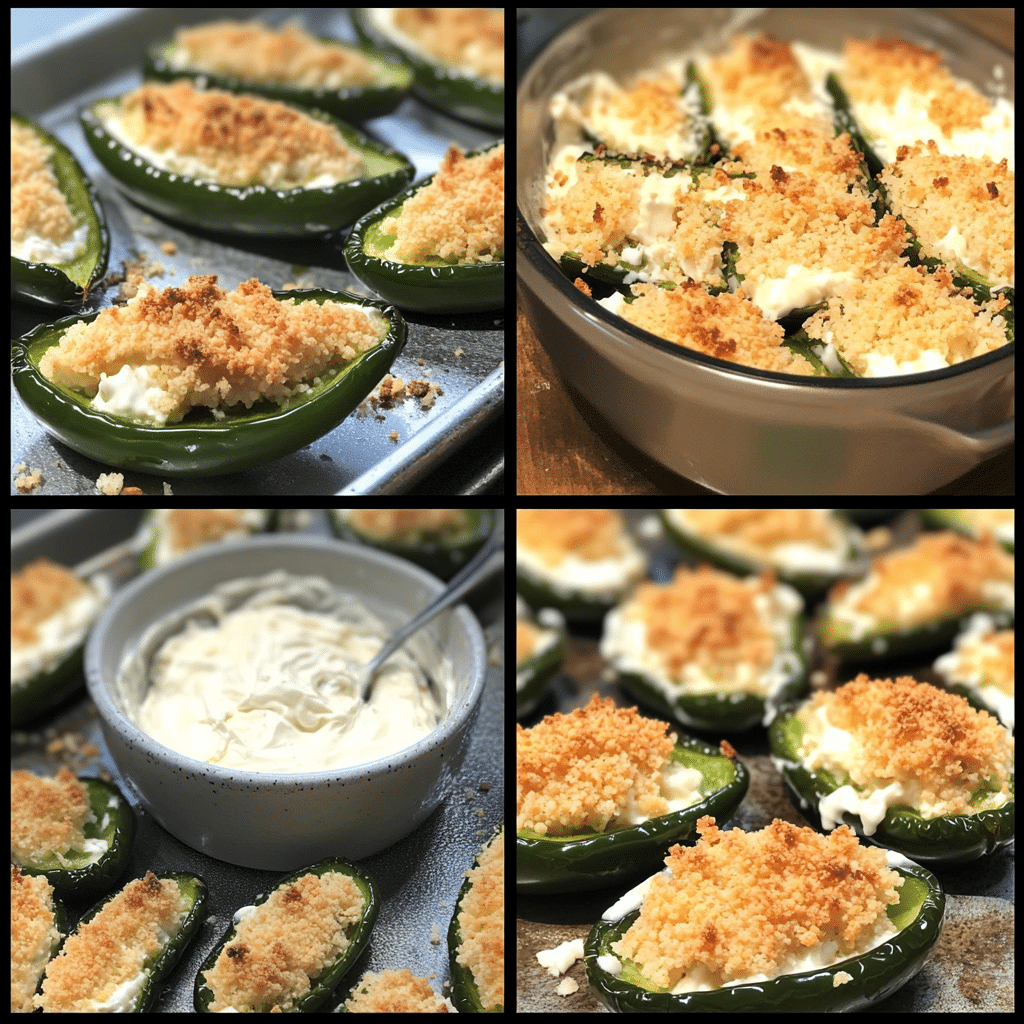 Four-panel collage showing slicing jalapeÃ±os, mixing filling, stuffing and topping, and baked jalapeÃ±o poppers