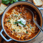 Overhead view of a pot of lasagna soup with noodles, meat, and cheese topped with ricotta and basil.