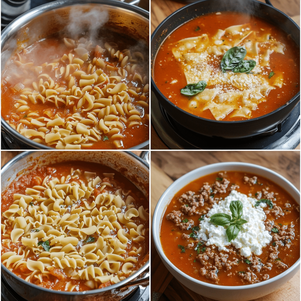Four photo collage showing the steps to cook noodles, brown meat, simmer soup, and serve lasagna soup.