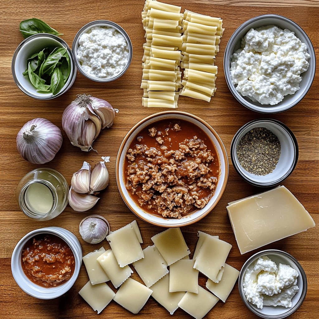 Overhead photo of lasagna noodles, ground meat, onion, garlic, tomato paste, tomatoes, broth, cheeses, and herbs on a wooden counter.