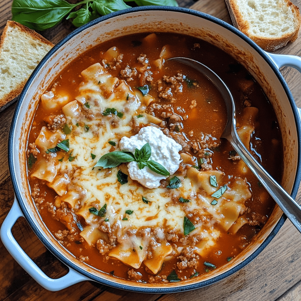 Overhead view of a pot of lasagna soup with noodles, meat, and cheese topped with ricotta and basil.