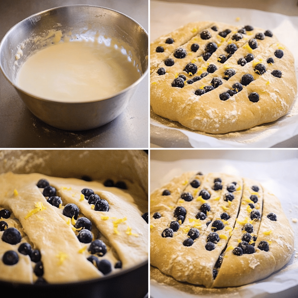 Four-panel collage showing mixing starter, stretch and folds, laminating blueberries and lemon zest, and baking in a Dutch oven