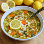 White bowl of lemon chicken orzo soup with chicken pieces, orzo, carrots, spinach, and lemon slices.