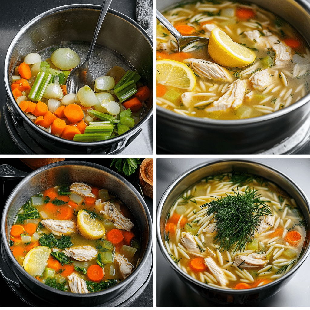 Four-photo collage showing sautéing vegetables, simmering soup, adding orzo and spinach, and serving the soup.