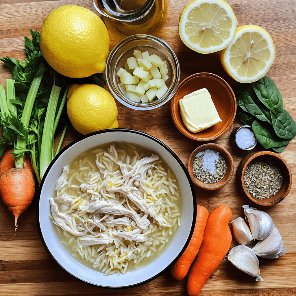 Overhead photo of chicken pieces, orzo, vegetables, broth, lemons, herbs, and spinach on a wooden counter.