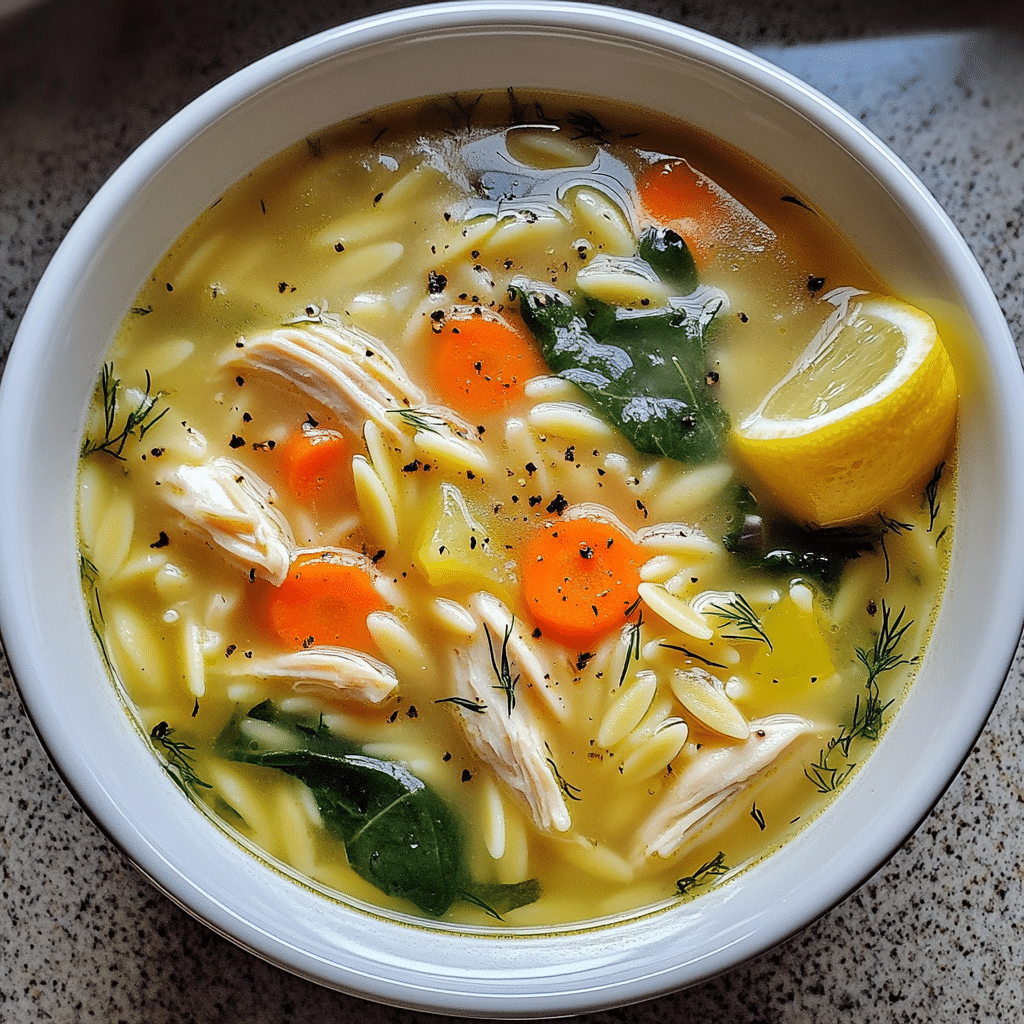 Lemon chicken soup with orzo, carrots, spinach, and dill in a bowl with lemon wedges
