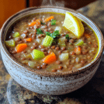 Homemade lentil soup with carrots celery herbs and a lemon wedge.