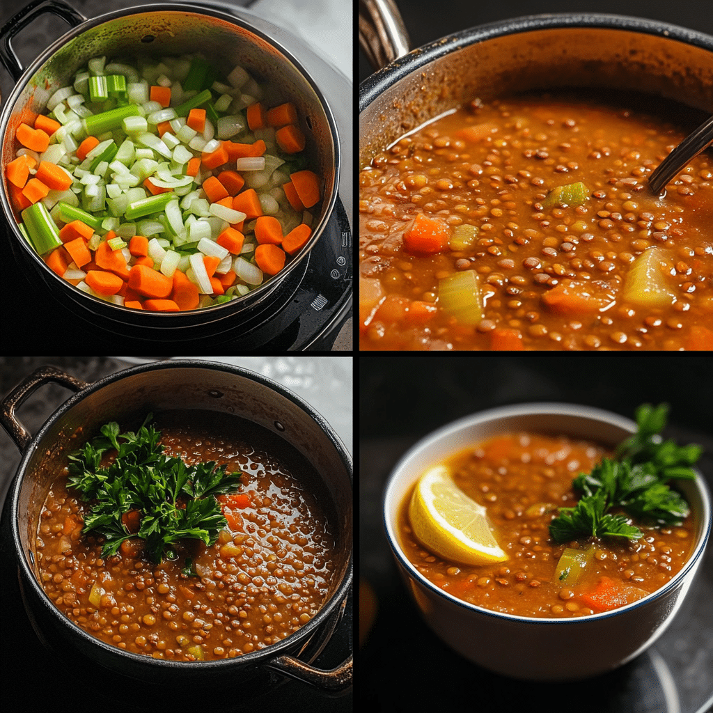 Four-step collage showing sautéing vegetables, adding lentils and spices, simmering soup, and serving lentil soup. 