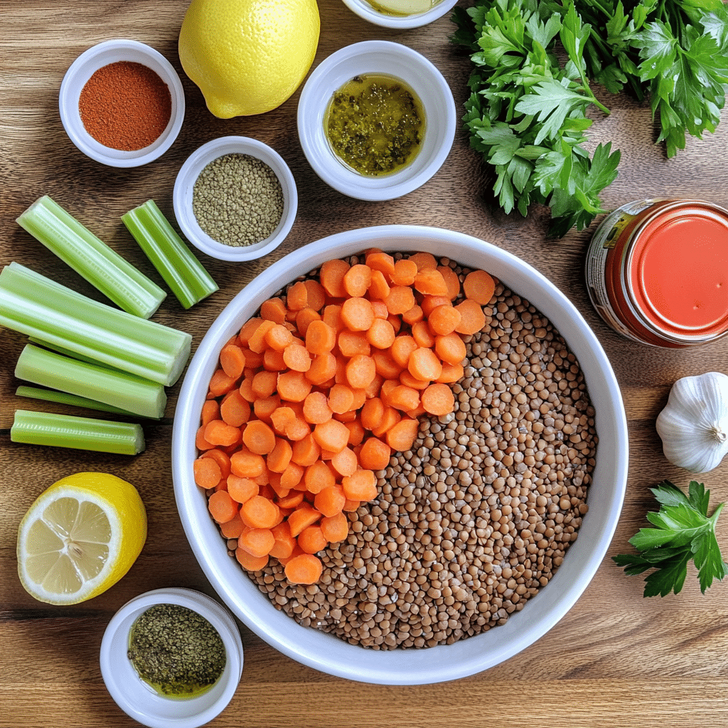 Overhead view of lentil soup ingredients organized on a wooden counter.